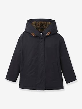 Girls-Coats & Jackets-Girl's short parka with leopard lining CYRILLUS 