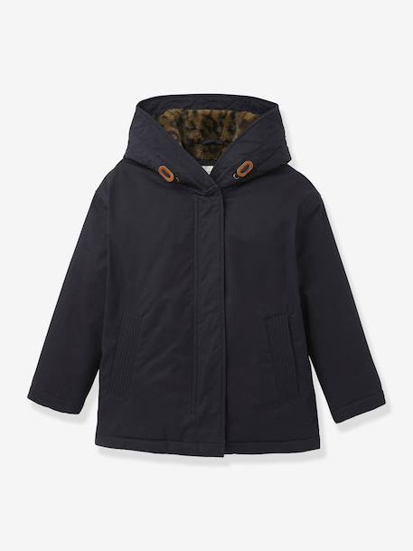 Girl's short parka with leopard lining CYRILLUS ink blue - vertbaudet enfant 