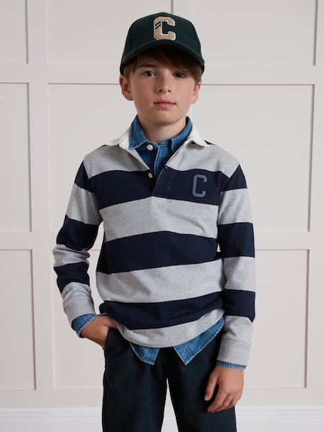 Striped Rugby Polo Shirt in Organic Cotton for Boys, CYRILLUS green+grey - vertbaudet enfant 