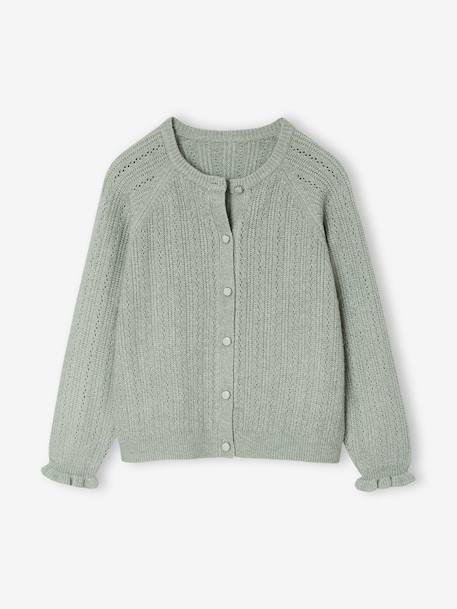 Gilet fille en maille mousseuse ajourée écru+vert sauge - vertbaudet enfant 
