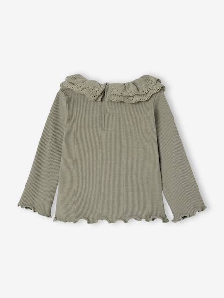 Long-sleeved T-shirt for babies with English embroidery ruffled collar ecru+khaki - vertbaudet enfant 