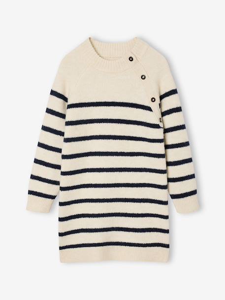 Knitted Striped Dress for Girls ecru+navy blue - vertbaudet enfant 