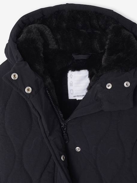 Long Lightweight Jacket with Hood & Faux Fur Lining, for Girls black - vertbaudet enfant 
