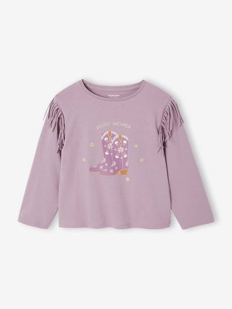 Long-Sleeved Fringed T-Shirt for Girls mauve - vertbaudet enfant 