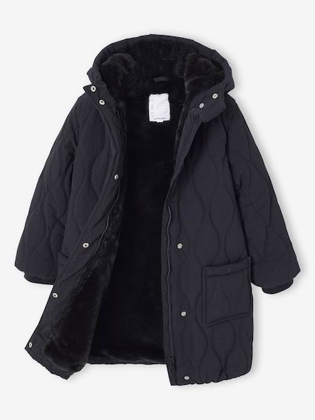 Long Lightweight Jacket with Hood & Faux Fur Lining, for Girls black - vertbaudet enfant 