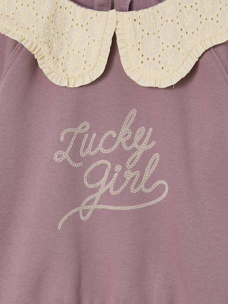 Girl's sweatshirt with English embroidery collar and flocked velvet message ecru+mauve+pale pink+red - vertbaudet enfant 