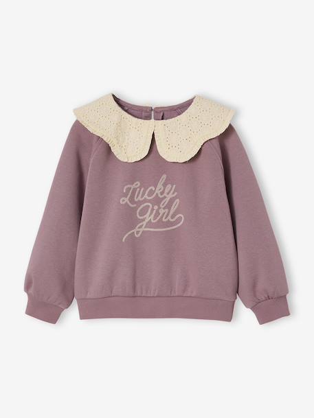 Sweat fille col claudine broderie anglaise écru+gris chiné+mauve+rose pâle+rouge - vertbaudet enfant 
