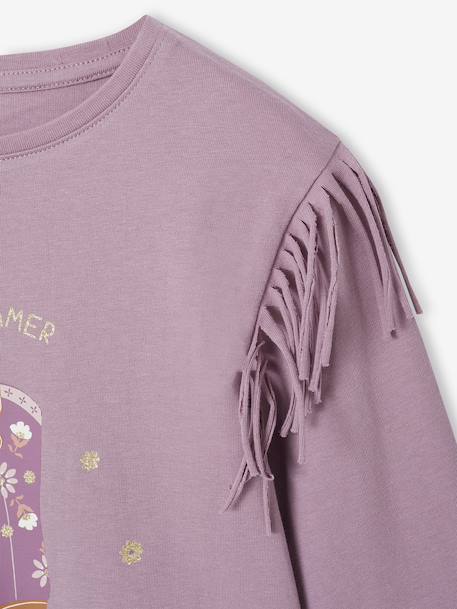 Long-Sleeved Fringed T-Shirt for Girls mauve - vertbaudet enfant 