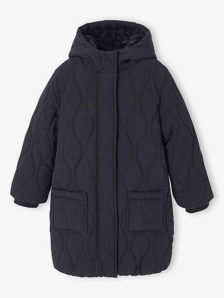 Long Lightweight Jacket with Hood & Faux Fur Lining, for Girls black - vertbaudet enfant 
