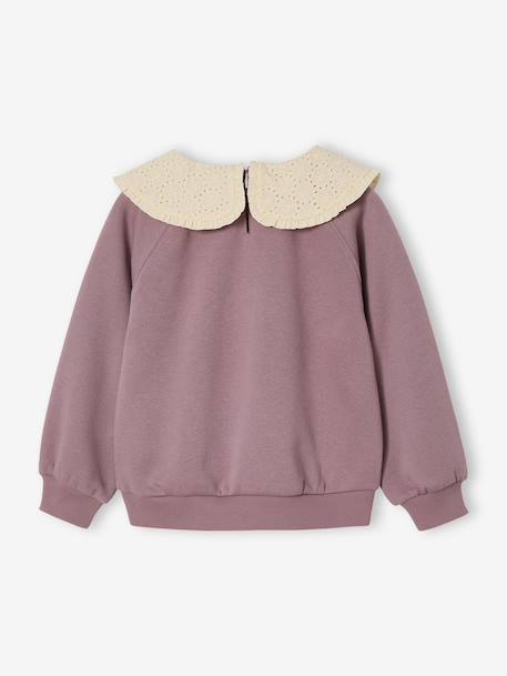Sweat fille col claudine broderie anglaise écru+gris chiné+mauve+rose pâle+rouge - vertbaudet enfant 