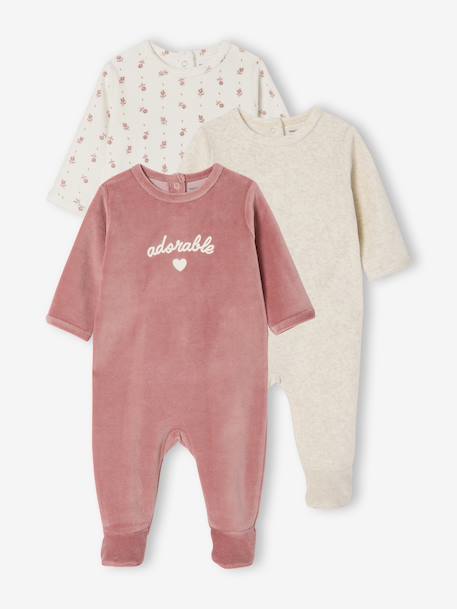 Lot de 3 pyjamas bébé mixtes en velours cappuccino+rose - vertbaudet enfant 