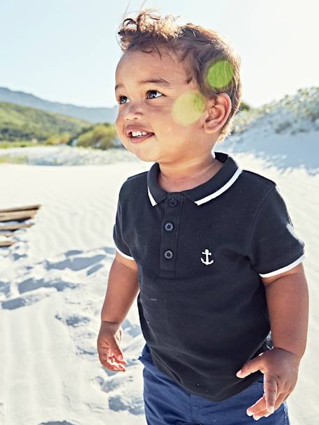 Polo Shirt with Embroidery on the Chest, for Baby Boys Dark Blue - vertbaudet enfant 