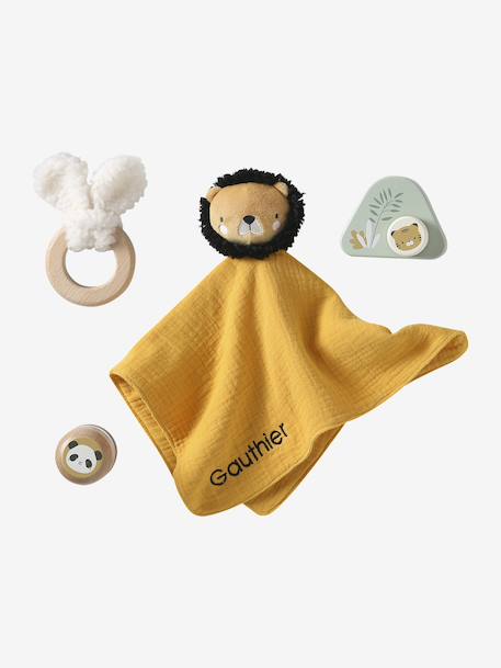 Coffret cadeau 4 pièces : doudou personnalisable + anneau de dentition + hochet + boîte à musique en bois FSC® jaune - vertbaudet enfant 