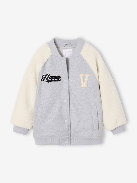 Dual-Fabric Bomber Jacket with Sherpa Sleeves for Girls marl grey - vertbaudet enfant 