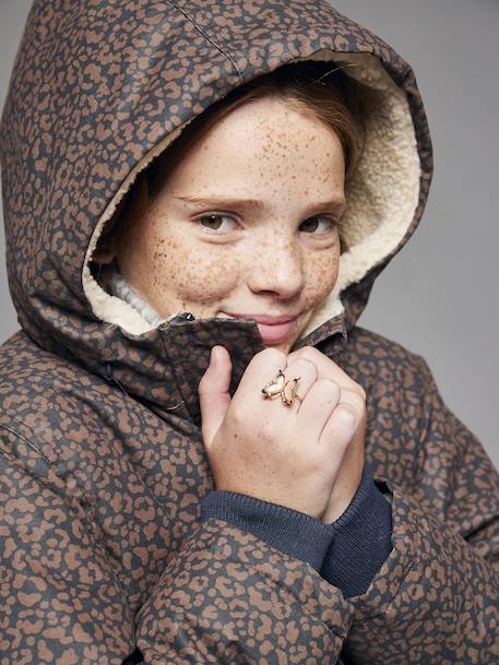 Leopard Print Parka with Sherpa Lining for Girls, JONEN navy blue - vertbaudet enfant 