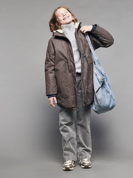 Leopard Print Parka with Sherpa Lining for Girls, JONEN navy blue - vertbaudet enfant 