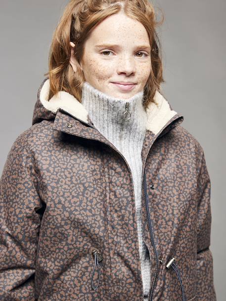 Leopard Print Parka with Sherpa Lining for Girls, JONEN navy blue - vertbaudet enfant 