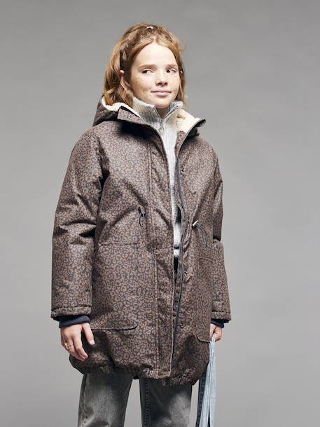 Leopard Print Parka with Sherpa Lining for Girls, JONEN navy blue - vertbaudet enfant 