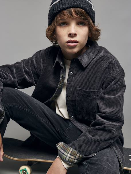 Reversible Flannel & Velour Shirt for Boys, JONEN anthracite - vertbaudet enfant 