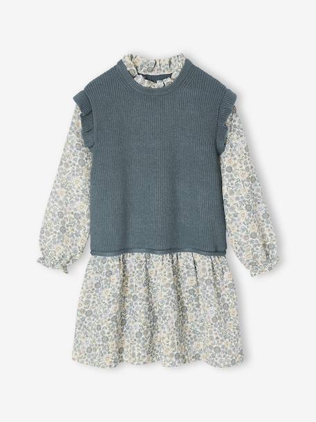 Dress with Two-in-One, Double-Fabric Effect, for Girls fir green - vertbaudet enfant 