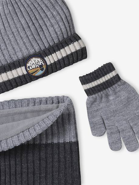 Boys' beanie + snood + gloves 'Mountains' set marl grey+night blue - vertbaudet enfant 