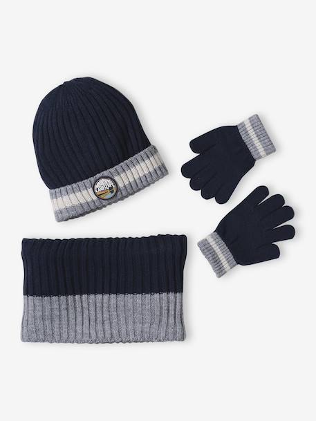Boys' beanie + snood + gloves 'Mountains' set marl grey+night blue - vertbaudet enfant 