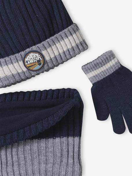 Boys' beanie + snood + gloves 'Mountains' set marl grey+night blue - vertbaudet enfant 