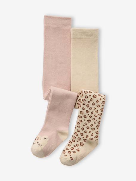 Pack of 2 girls' baby tights with all-over leopard print and leopard head on the top of the feet. rosy - vertbaudet enfant 