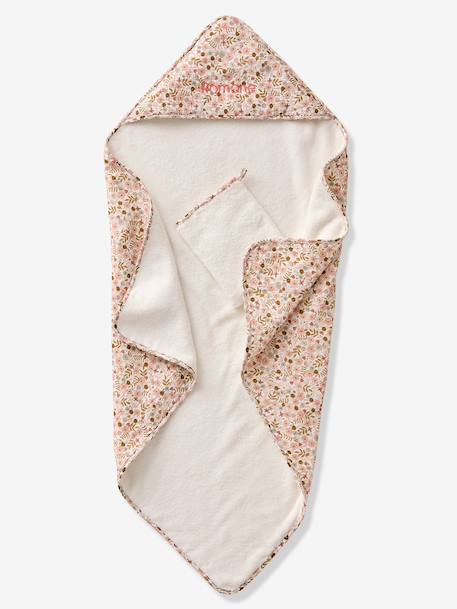 Cotton Muslin Bath Cape + Wash Mitt, FLORA printed white - vertbaudet enfant 