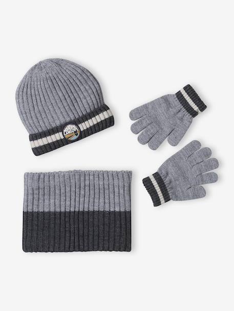 Ensemble garçon bonnet + snood + gants « Montagnes » bleu nuit+gris chiné - vertbaudet enfant 