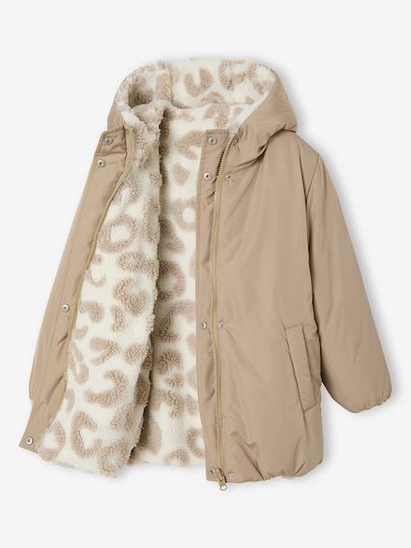 Reversible Hooded Lightweight Jacket with Leopard Print for Girls mocha - vertbaudet enfant 