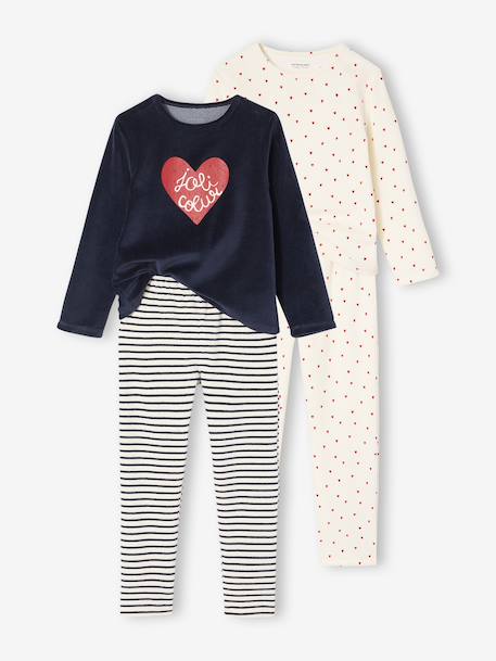 Pack of 2 Heart Print Velour Pyjamas for Girls ecru - vertbaudet enfant 