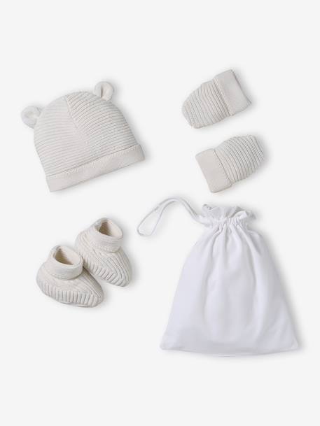 Set of beanie, mittens and slippers in organic cotton and its customisable pouch ecru+marl beige+rose - vertbaudet enfant 