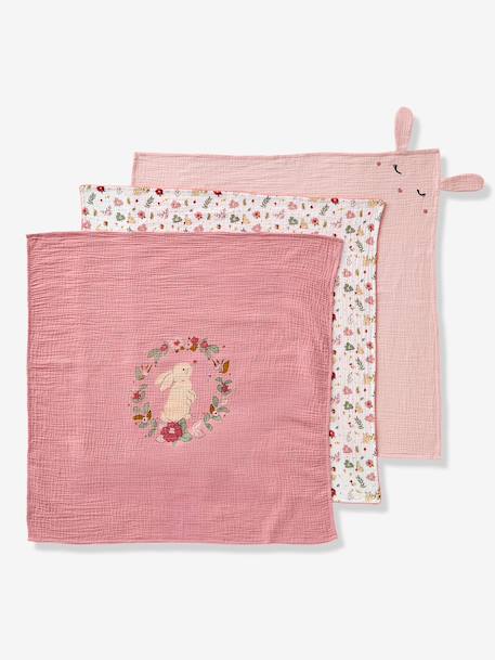 Pack of 3 muslin squares in cotton gauze ENCHANTED RABBIT set pink - vertbaudet enfant 
