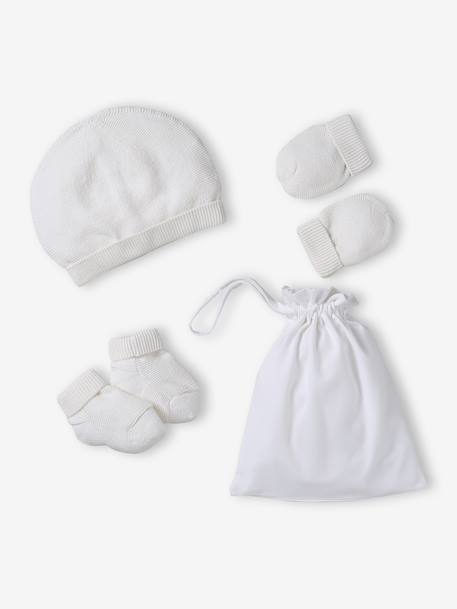 Ensemble naissance bonnet, moufles et chaussons et son pochon personnalisable beige chiné+blanc - vertbaudet enfant 