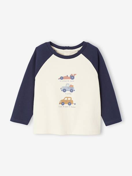 Long-sleeved baby t-shirt with placement print on the front khaki+navy blue - vertbaudet enfant 
