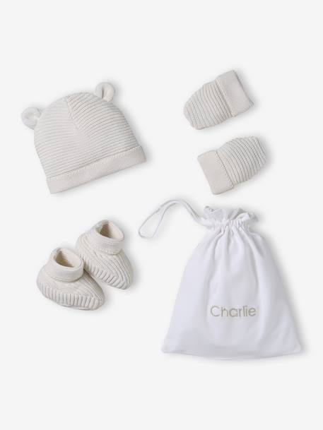Set of beanie, mittens and slippers in organic cotton and its customisable pouch ecru+marl beige+rose - vertbaudet enfant 
