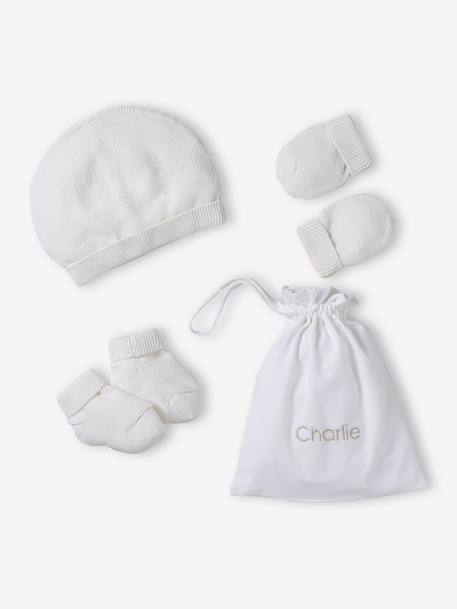 Beanie, Mittens & Booties + Pouch Set for Newborns marl beige+white - vertbaudet enfant 