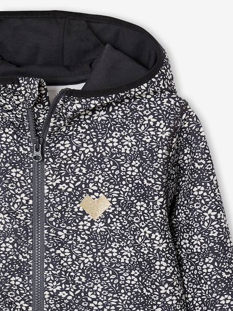 Sports Sweatshirt with Flower Print in Techno Fabric for Girls anthracite+ecru+printed green - vertbaudet enfant 