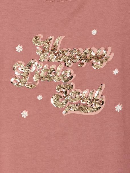 Short-Sleeved T-Shirt with Reversible Sequin Motif, for Girls dusky pink+ecru - vertbaudet enfant 