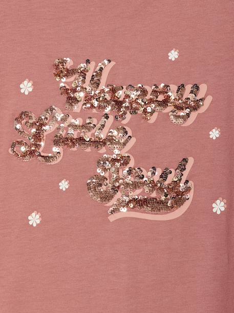 Short-Sleeved T-Shirt with Reversible Sequin Motif, for Girls dusky pink+ecru - vertbaudet enfant 