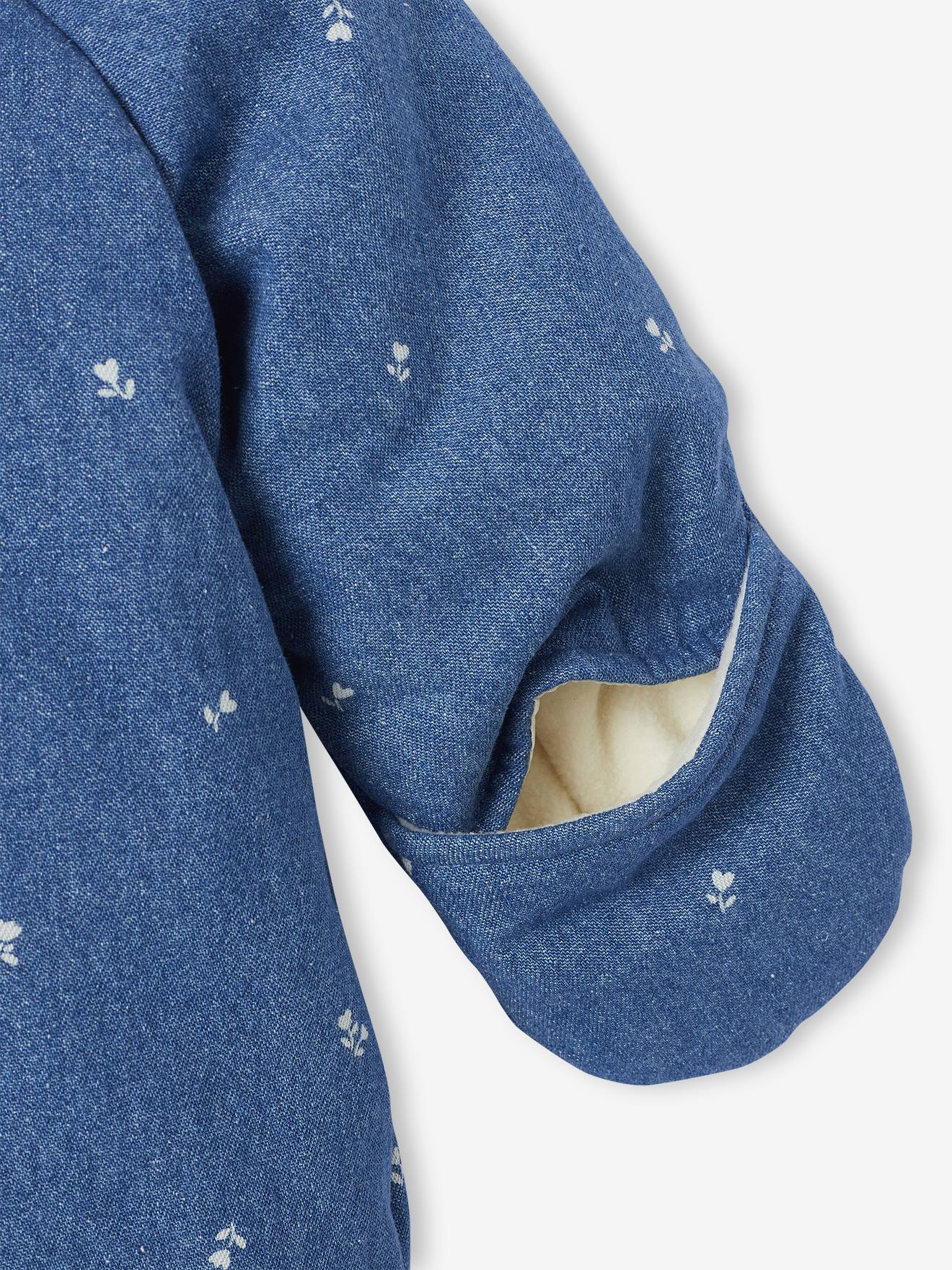 Combinaison Pilote Naissance Vertbaudet - Denim Imprimé Fleuri, Doublure Polaire, Moufles Et Pieds Intégrés
