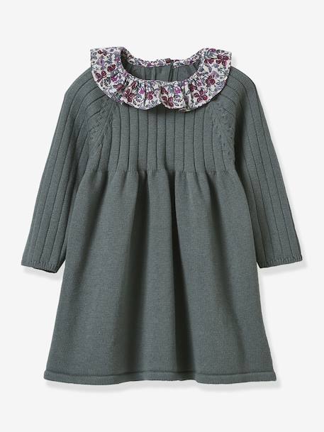 Dress in knitted fabric with Liberty fabric collar for babies by CYRILLUS olive - vertbaudet enfant 