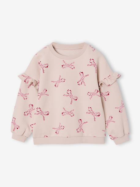 Christmas Special Sweatshirt with Candy Cane Glittery Hearts & Ruffled Sleeves for Girls ecru+rosy - vertbaudet enfant 