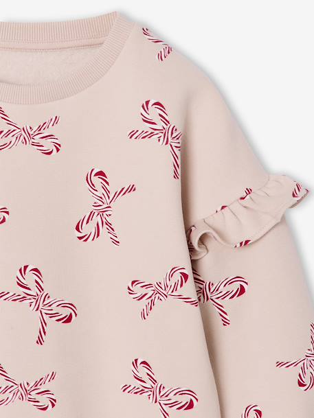 Christmas Special Sweatshirt with Candy Cane Glittery Hearts & Ruffled Sleeves for Girls ecru+rosy - vertbaudet enfant 