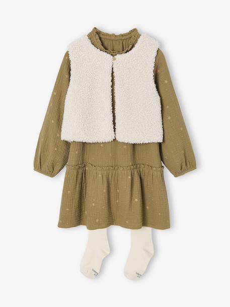 Set of 3 dress + sherpa cardigan + girls tights olive - vertbaudet enfant 