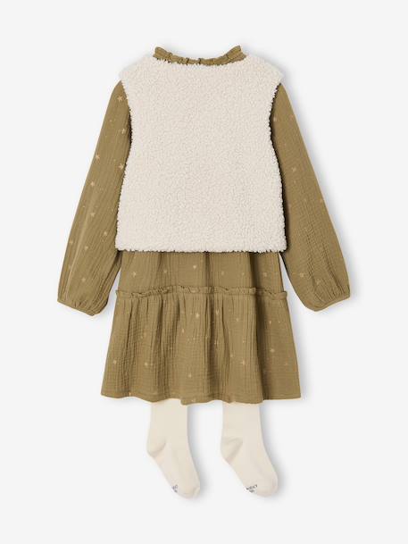 Set of 3 dress + sherpa cardigan + girls tights olive - vertbaudet enfant 