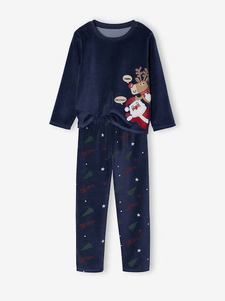 Christmas Velour Pyjamas for Boys, Printed Top & Striped Bottoms navy blue - vertbaudet enfant 