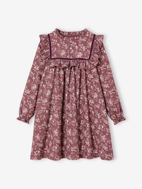 Dress in floral print flannel for girls plum - vertbaudet enfant 