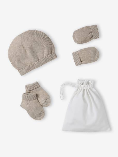 Beanie, Mittens & Booties + Pouch Set for Newborns marl beige+white - vertbaudet enfant 